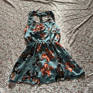 Floral Butterfly Mini Dress Teal Racerback Size S